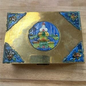 Vintage Chinese Cloisonné Brass Trinket Box With Lid